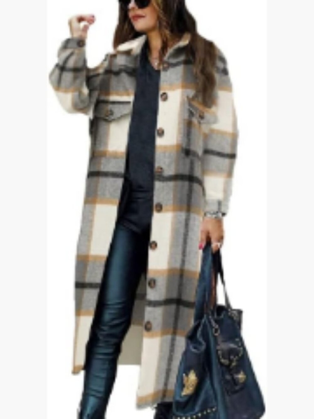 Oversized Long Plaid Shacket Jacket with Button Front Closure